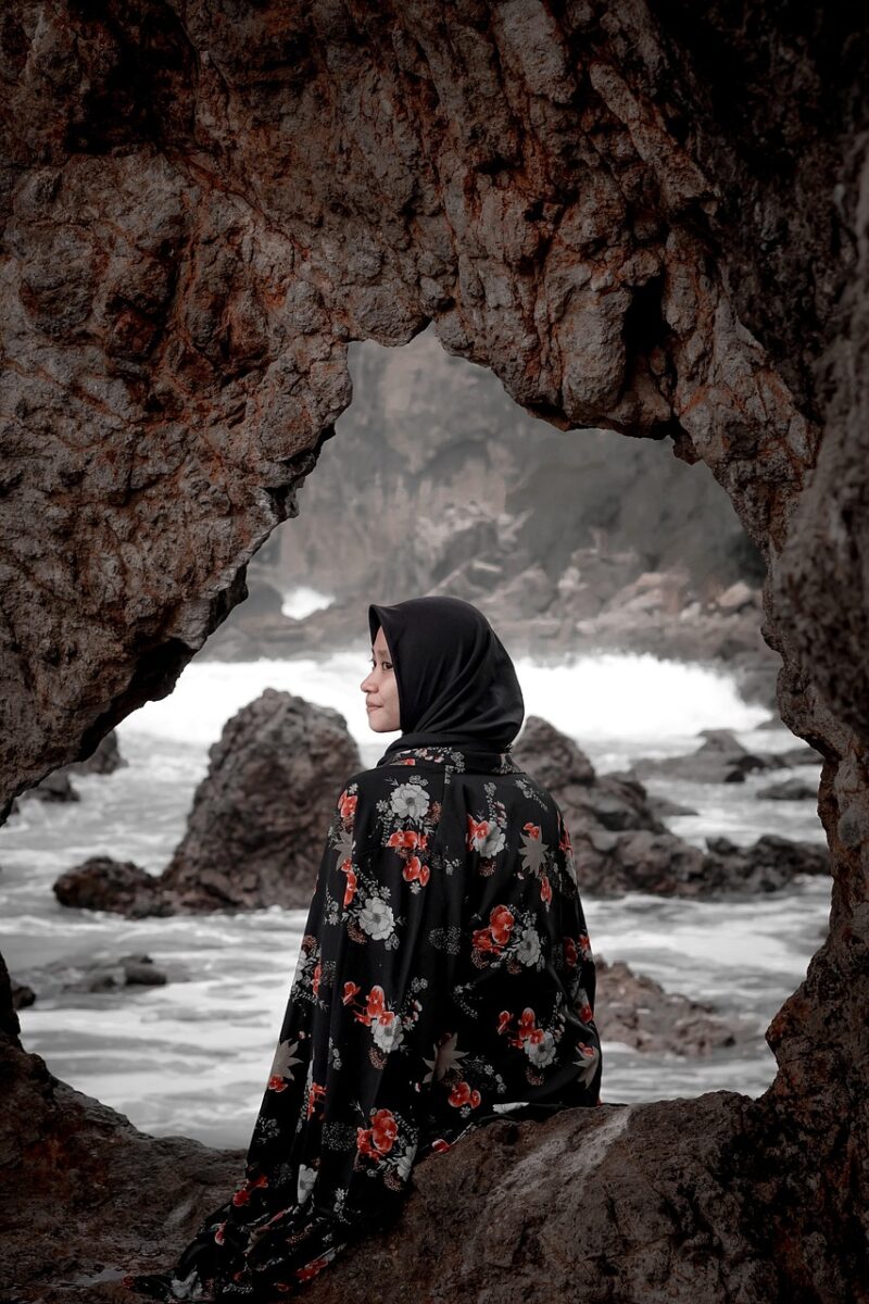 woman, hijab, beach, rock, indonesian, beauty, fashion, model, girl, pose, nature, sitting, sea