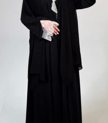 Wrap Abaya Black with white lace by pardah uk