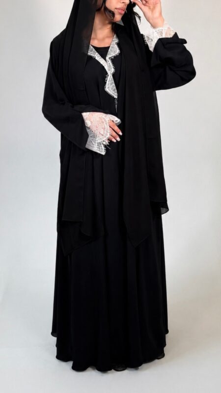 Wrap Abaya Black with white lace by pardah uk