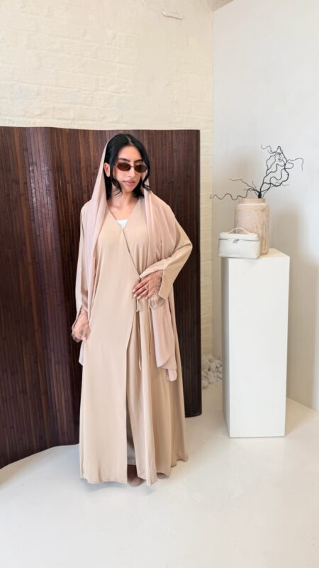 Fabric - Korean nida 2 Piece - abaya & scarf Soft, flowing fabric, featuring delicate lace sleeves, an inner tie for a secure fit, and an outer tie for an adjustable, flattering silhouette. Perfect for a timeless and modest look.